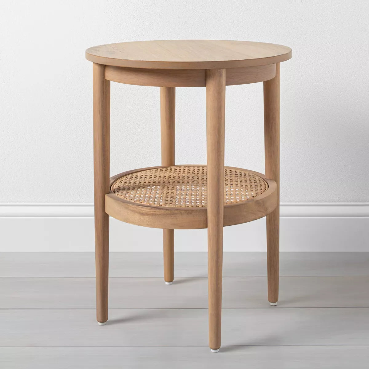 Wood & Cane Round Accent Side Table - Natural: Hearth & Hand with Magnolia, Fixed Shelf, Tapered Legs