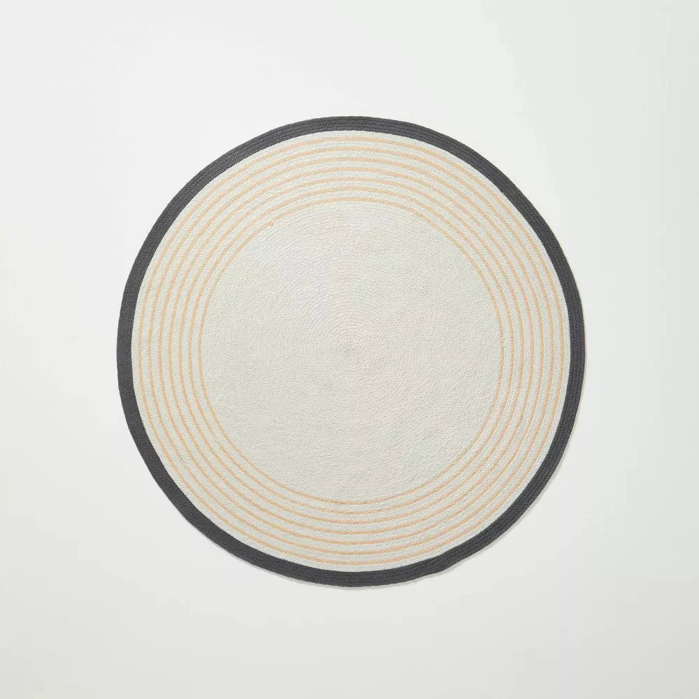 Round 5' Border Stripe Braided Area Rug Neutral