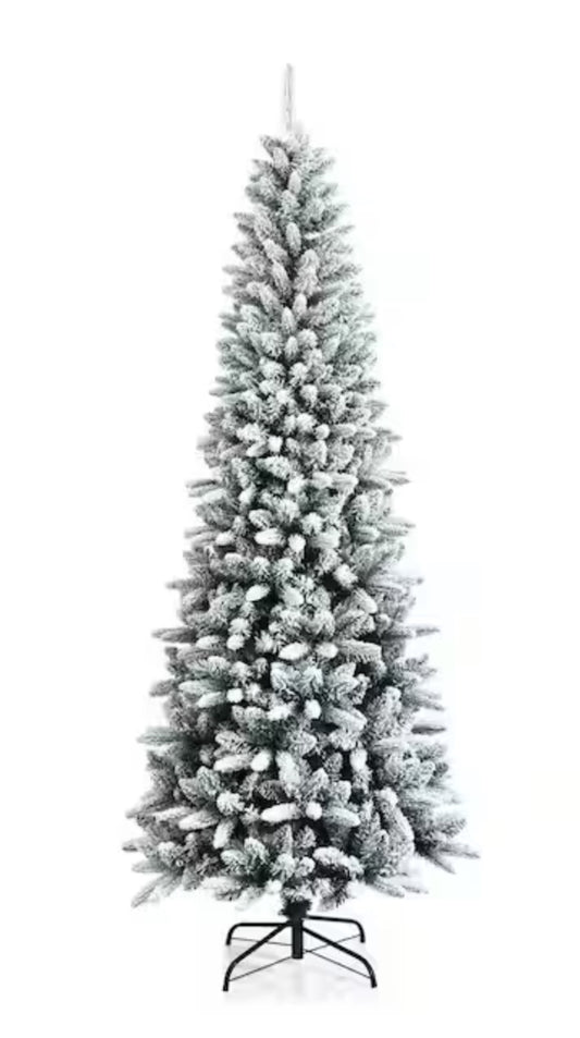 7.5ft Snow-Flocked Hinged Artificial Christmas Pencil Tree