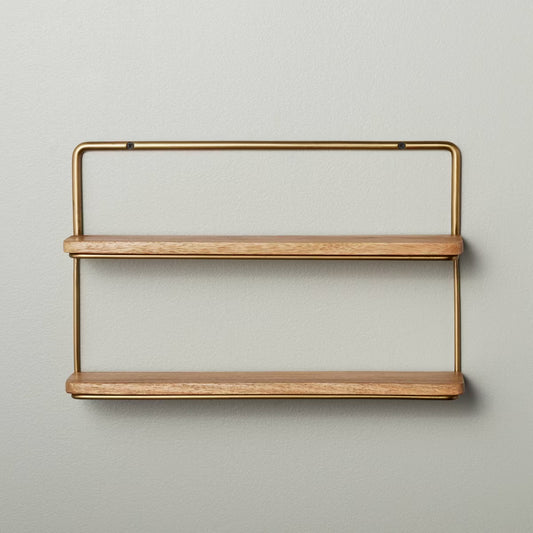 16in wall shelf Metal frame Open wooden shelves Brass finish