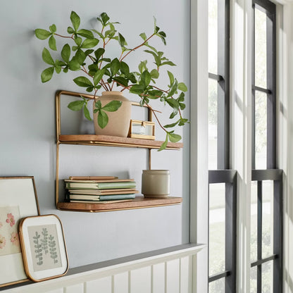 16in wall shelf Metal frame Open wooden shelves Brass finish