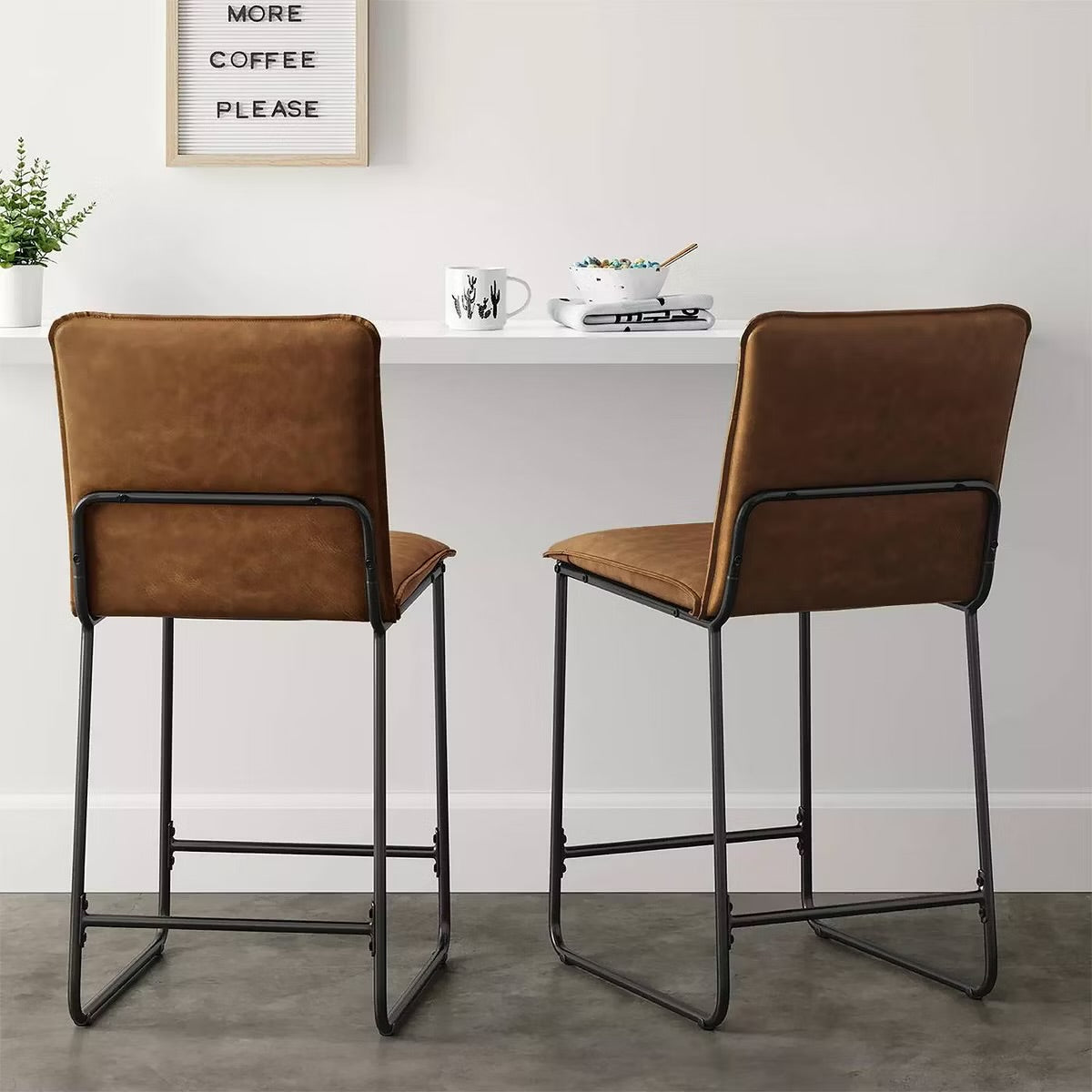 Upholstered Counter Height Barstool with Metal Frame Camel Faux Leather