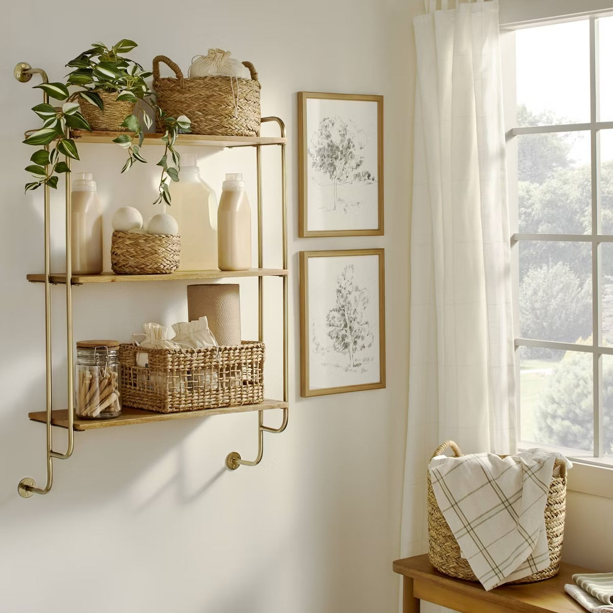 Wood & Brass Decorative 3-Tier Wall Shelf - Hearth & Hand