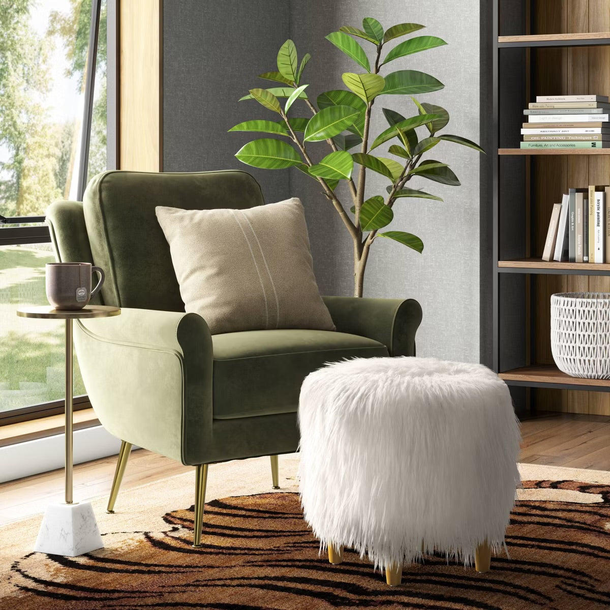 Holley Mongolian Fur/Wood Ottoman Cream - Threshold