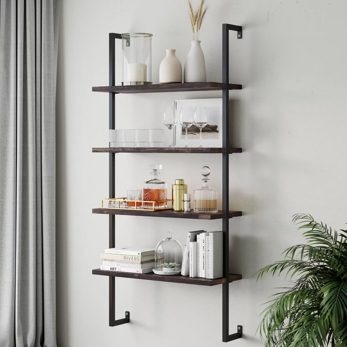 64" Wood and Metal 4 Tier Wall Mount Floating Bookshelf