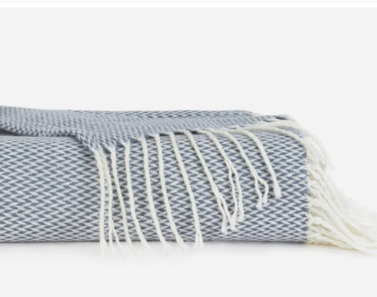 Herringbone Throw Blanket With Fringed Edges (Dusk Blue)