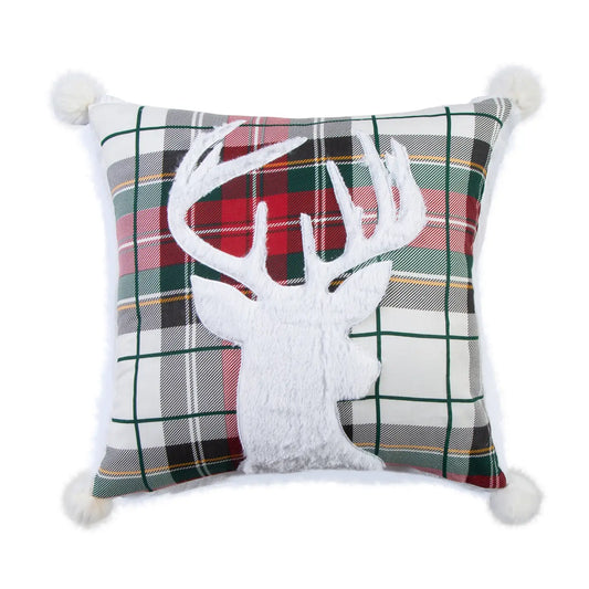 Wholesale Spencer Plaid Deer Fur Pom Throw Pillow (18x18)