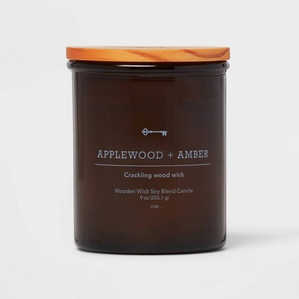 14oz Lidded Gray Glass Jar Crackling Wooden 3-Wick Candle with Clear Label Applewood + Amber - Threshold: Soy & Paraffin Wax Blend