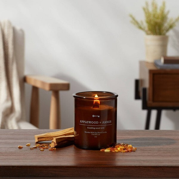 14oz Lidded Gray Glass Jar Crackling Wooden 3-Wick Candle with Clear Label Applewood + Amber - Threshold: Soy & Paraffin Wax Blend