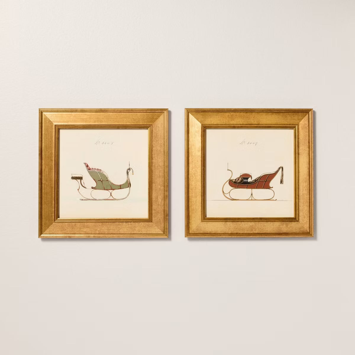 8"x8" Vintage Christmas Sleigh Framed Wall Art (Set of 2) - Hearth & Hand™