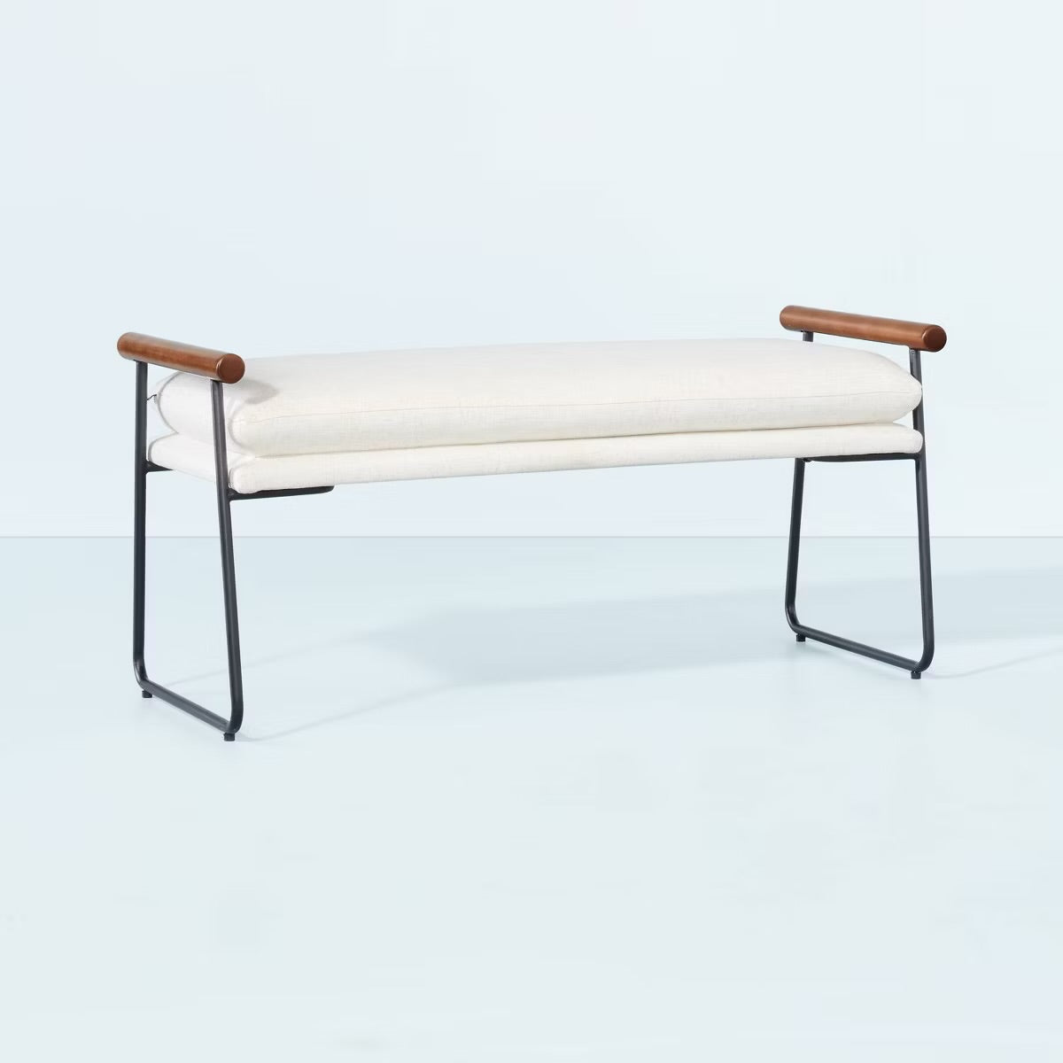 Cushioned Metal & Wood Bench - Cream/Black