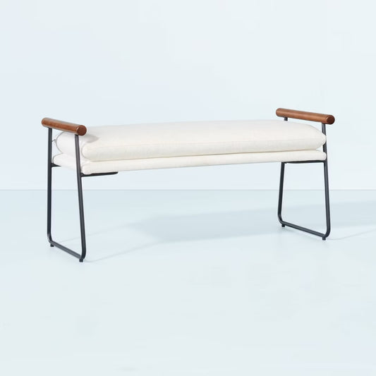 Cushioned Metal & Wood Bench - Cream/Black