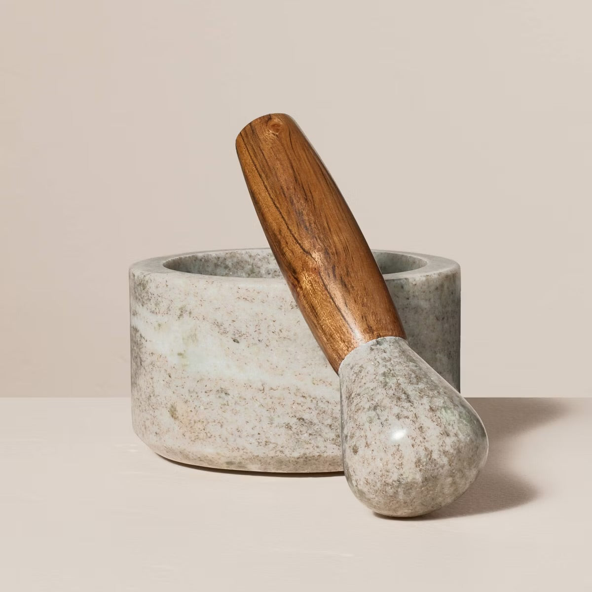 2pc Marble & Wood Mortar and Pestle Set