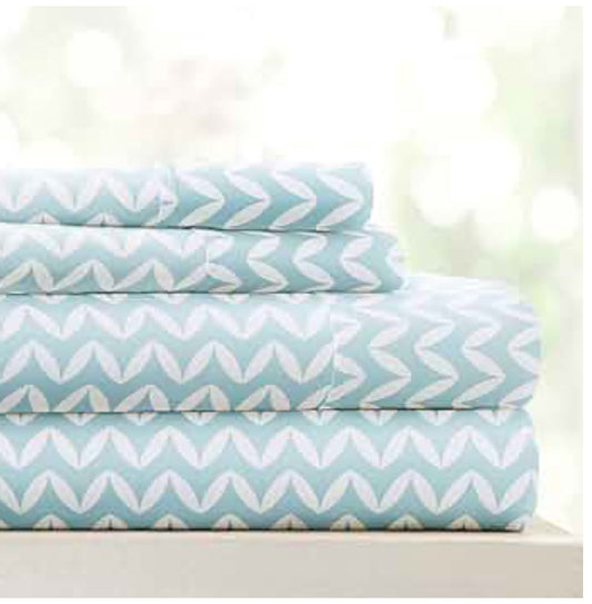 Queen Linen Market 4 Piece Sheet Set Patterned, , Puffed Chevron Light Blue