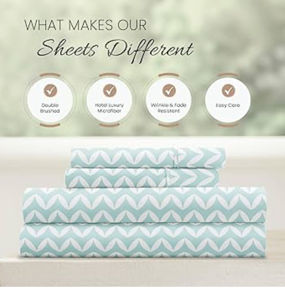 Queen Linen Market 4 Piece Sheet Set Patterned, , Puffed Chevron Light Blue