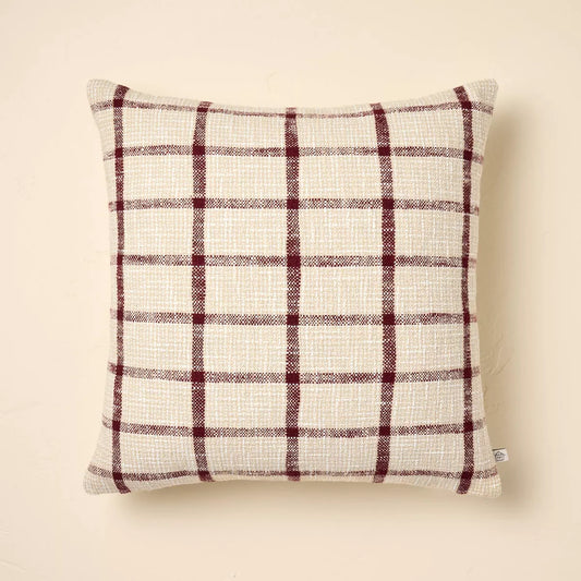 18"x18" Grid Square Throw Pillow Beige/Burgundy - Hearth & Hand™ with Magnolia