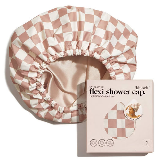 Kitsch Satin Lined Flexi Shower Cap - Terracotta Checker