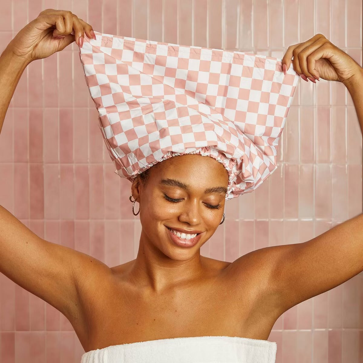 Kitsch Satin Lined Flexi Shower Cap - Terracotta Checker