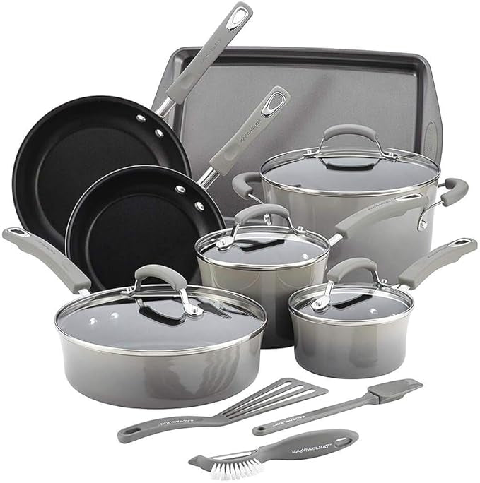 Rachael Ray Hard Enamel Nonstick 14-Piece Sea Salt Gray