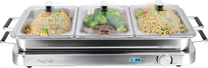 MegaChef 3-in-1 Electric Chaffing Buffet Server and Warming Tray with Triple 2.63 Quart Trays and 8.6 Quart Baking Pan