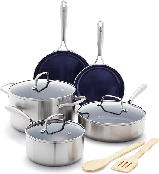 Blue Diamond HD Stainless Steel Clad Pro 10 Piece Cookware Pots and Pans Set, Diamond Infused Ceramic Nonstick, PFAS-Free, Dishwasher Safe, Oven and Broiler Safe, Silver