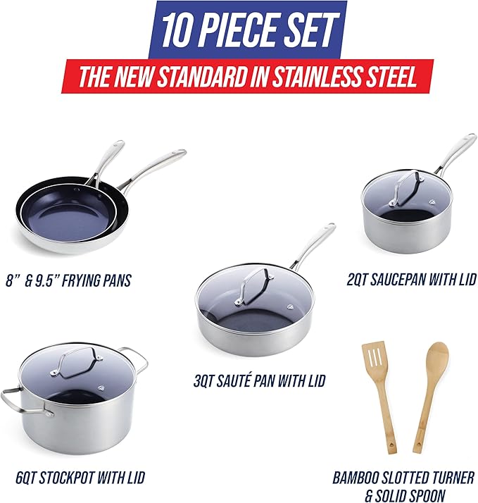 Blue Diamond HD Stainless Steel Clad Pro 10 Piece Cookware Pots and Pans Set, Diamond Infused Ceramic Nonstick, PFAS-Free, Dishwasher Safe, Oven and Broiler Safe, Silver