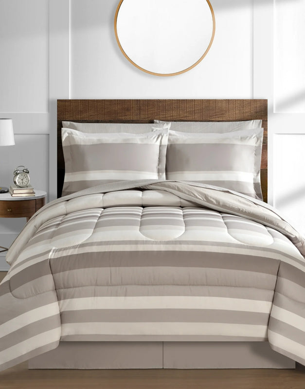 Queen Fairfield Square Collection Austin Stripe/Solid Reversible 8 Pc. Comforter Set, Taupe