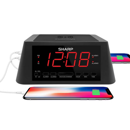 Wireless Charging Alarm Clock - Sharp: MagSafe Compatible, LED Display, USB Port, Modern Table Clock for Adults