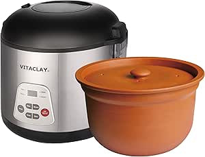 Vitaclay Smart Organic Clay Rice Cooker & Slow Cooker - Toxin Free Clay Electric Pot for Cooking Rice, Slow Cooker, Soup Maker, Warmer, Stew Pot with Natural Earthen Clay Crock, 6 Cup / 3.2 qt