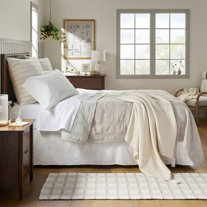 Full/Queen Grid Stitched Quilt Taupe/Green/Cream - Hearth & Hand