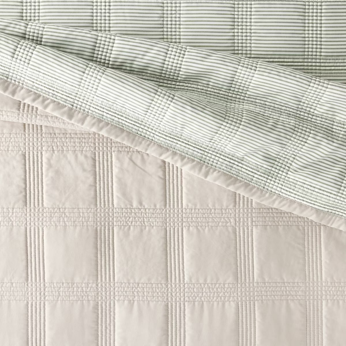 Full/Queen Grid Stitched Quilt Taupe/Green/Cream - Hearth & Hand