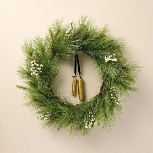 26" Faux Needle Pine & Snowberry Christmas Wreath with Bell Ornaments