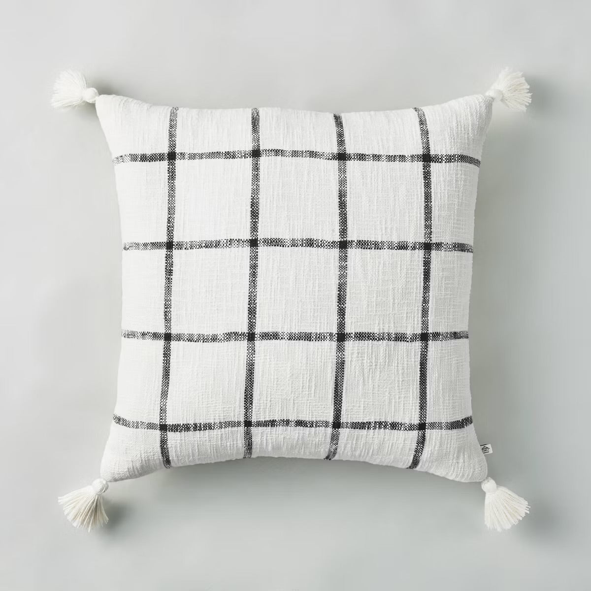 24"x24" Woven Slub Checkered Throw Pillow with Tassels Cream/Gray - Hearth & Hand with Magnolia