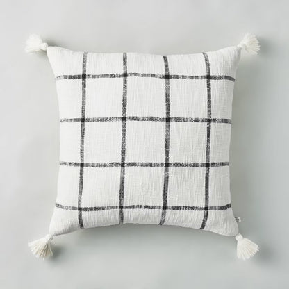 24"x24" Woven Slub Checkered Throw Pillow with Tassels Cream/Gray - Hearth & Hand with Magnolia