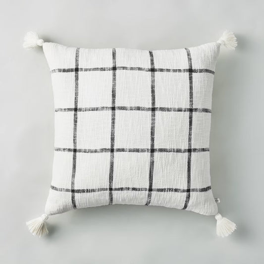 24"x24" Woven Slub Checkered Throw Pillow with Tassels Cream/Gray - Hearth & Hand with Magnolia