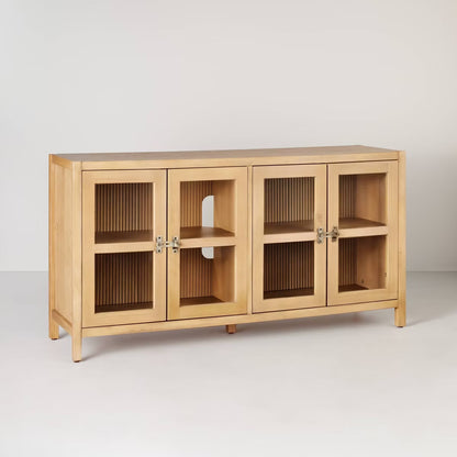 Grooved Wood with Glass 4-Door Sideboard Buffet Cabinet- Natural - Hearth & Hand with Magnolia