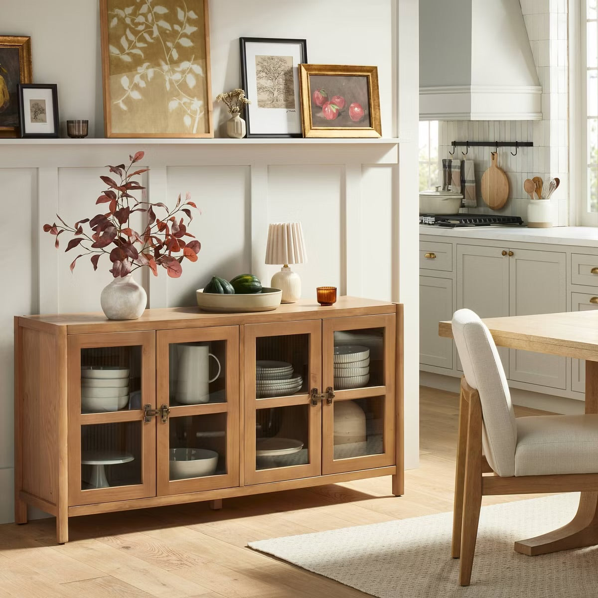 Grooved Wood with Glass 4-Door Sideboard Buffet Cabinet- Natural - Hearth & Hand with Magnolia