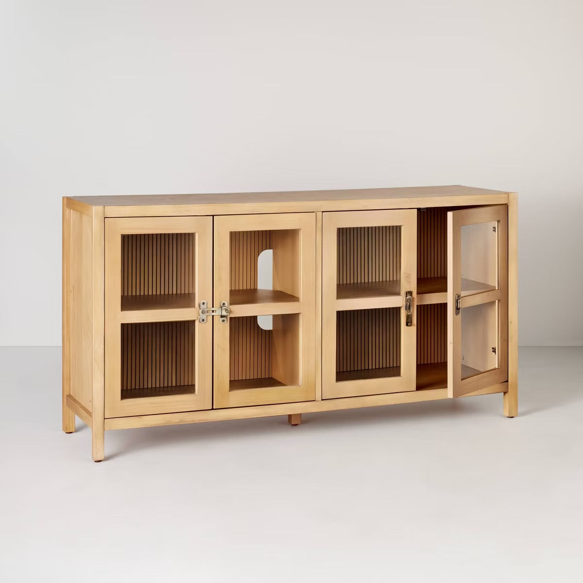 Grooved Wood with Glass 4-Door Sideboard Buffet Cabinet- Natural - Hearth & Hand with Magnolia