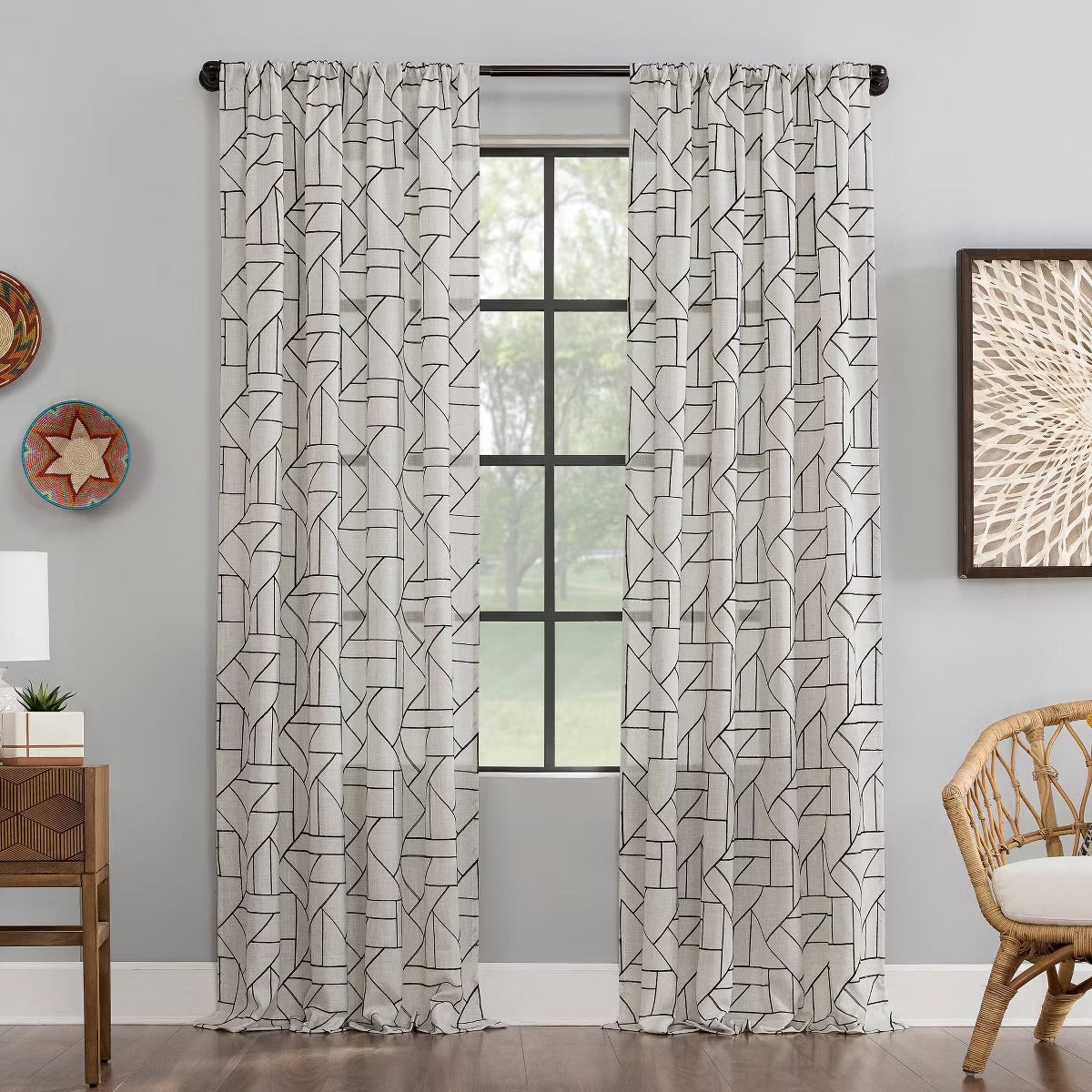 SET OF 2 50"x84" Archaeo Light Filtering Jigsaw Embroidery Linen Blend Curtain Panel Black/Beige