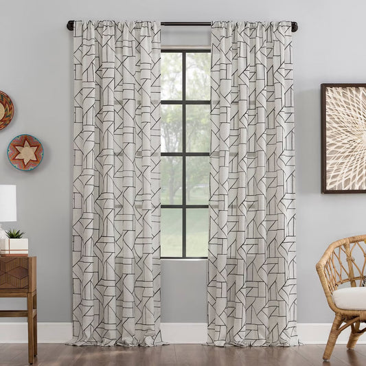 SET OF 2 50"x84" Archaeo Light Filtering Jigsaw Embroidery Linen Blend Curtain Panel Black/Beige