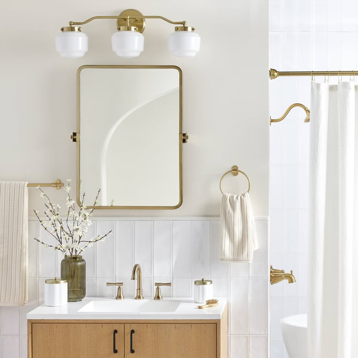 Milk Glass 3-Bulb Vanity Wall Sconce Brass Finish - Hearth & Hand with Magnolia