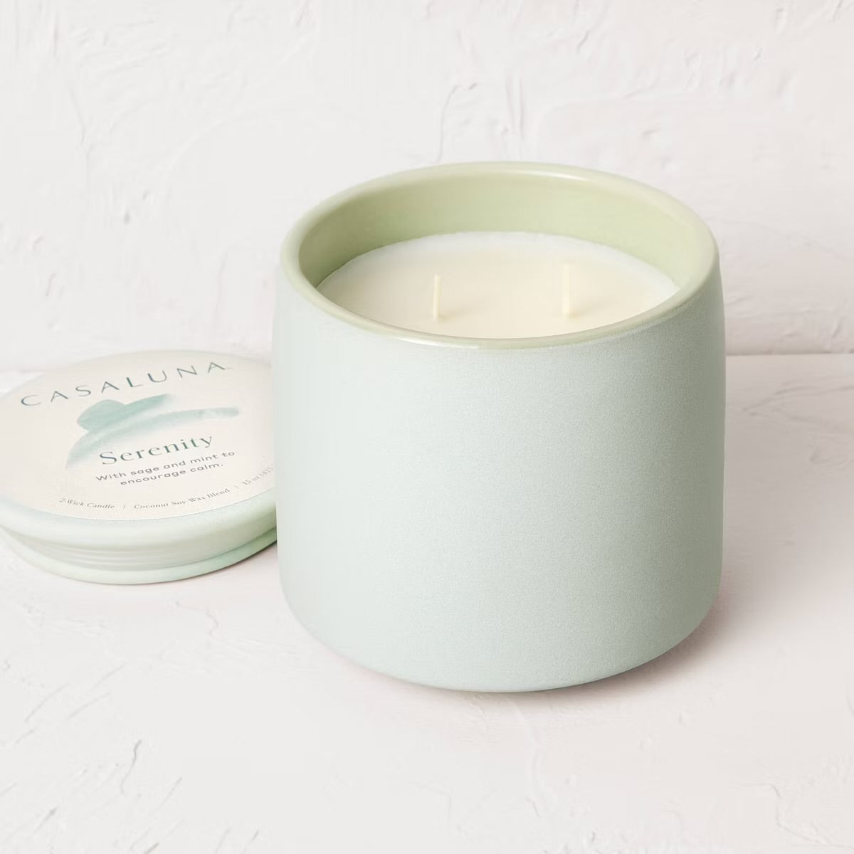 2 Wick 15oz Ceramic Jar Candle with Lid Serenity Mint Green  - Casaluna