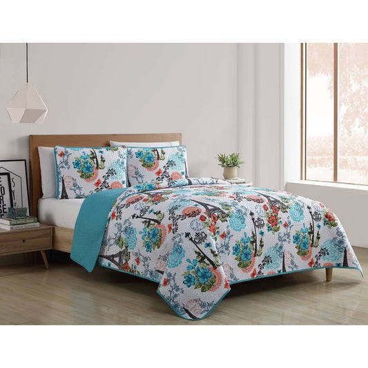 Full/Queen Eifel Pinsonic Quilt Set Pink/Blue