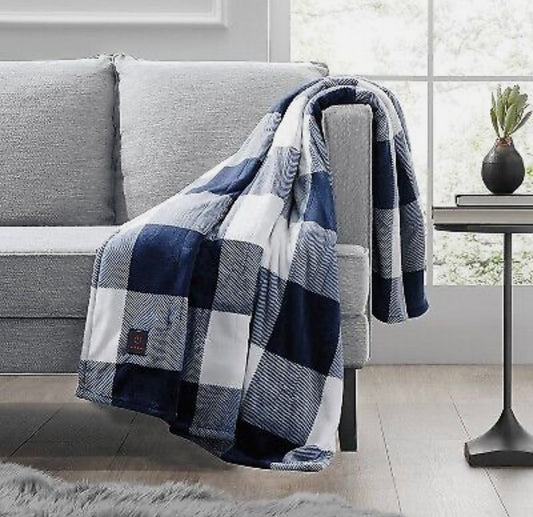 50"x60" Cozy Heated Throw Blanket Navy Buffalo Plaid - Brookstone