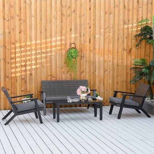 Outsunny 4 Pieces Patio Furniture Set, All Aluminum Frame Outdoor Sofa Set PE Rattan Sofa with 2 Cushioned Sofas, 1 Loveseat and Coffee Table with Tempered Glass Top
