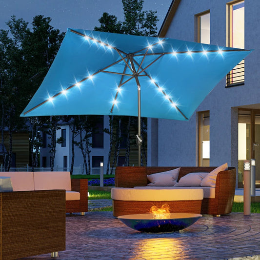 6.5x10ft Patio Umbrella Rectangle Solar Powered Tilt Aluminum Outdoor Market Parasol with LEDs Crank