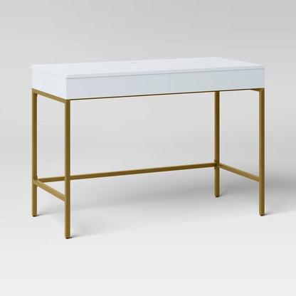 Loring Wood Writing Desk with Drawers and Charging Station White/Gold - Threshold: Home Office, USB Port