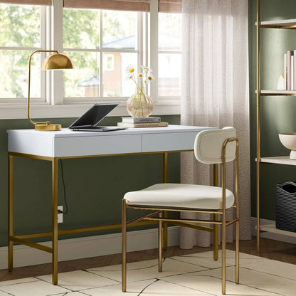 Loring Wood Writing Desk with Drawers and Charging Station White/Gold - Threshold: Home Office, USB Port