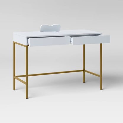 Loring Wood Writing Desk with Drawers and Charging Station White/Gold - Threshold: Home Office, USB Port