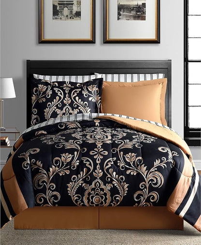 Queen Lanwood Home Sabrina Damask 8-Piece Bed-in-A-Bag Comforter Set with Comforter, Pillow Shams, 4-Piece Sheet Set, & Bed Skirt, Black/Gold